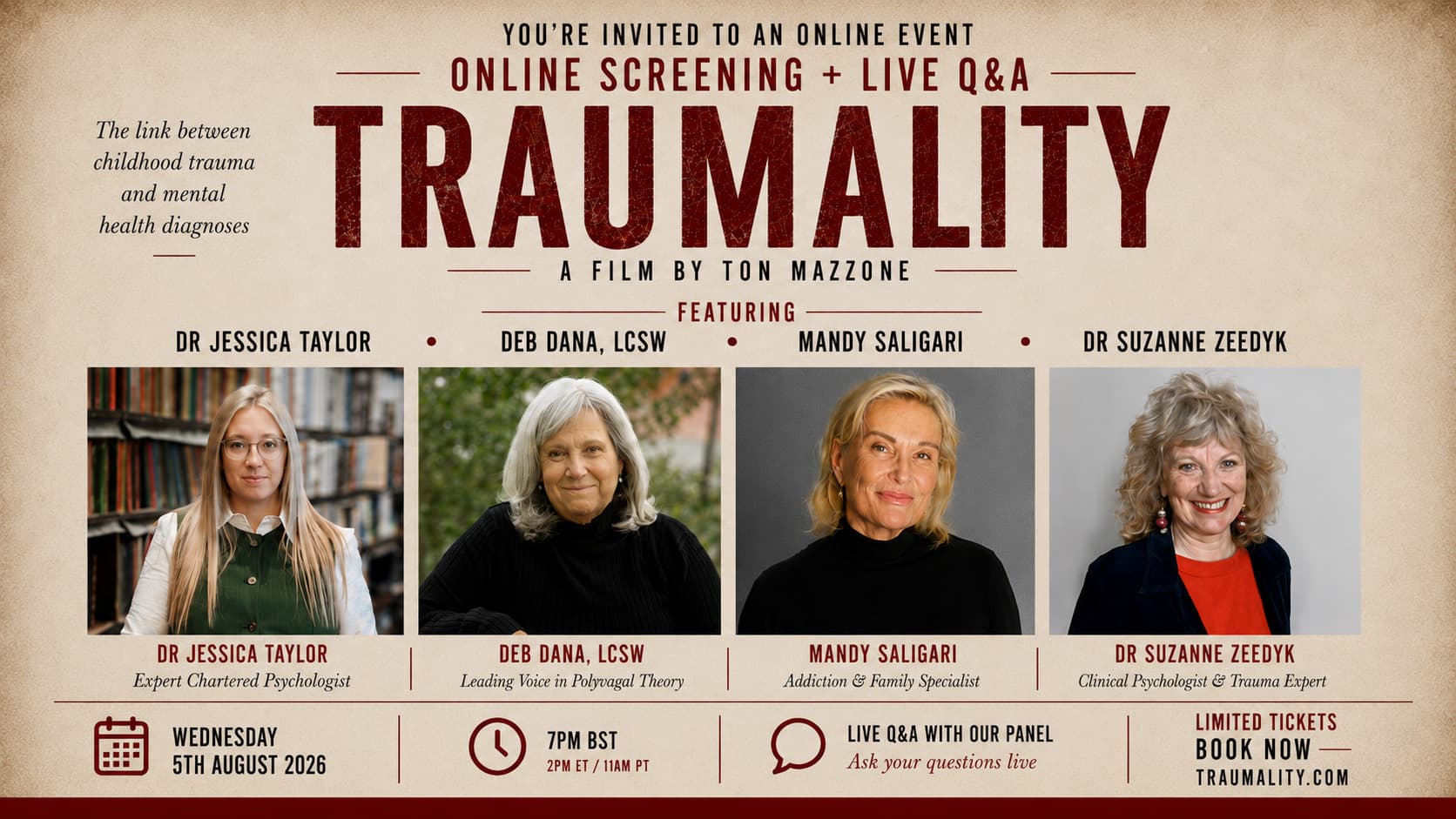 TRAUMALITY Online Screening & Live Q&A with Deb Dana, Dr Jessica Taylor & Mandy Saligari + more